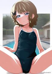 Rule 34 | 1girl, absurdres, black one-piece swimsuit, blue eyes, breasts, brown hair, commentary request, competition school swimsuit, highres, idolmaster, idolmaster million live!, konachiri, looking at viewer, one-piece swimsuit, photo background, school swimsuit, short hair, small breasts, solo, spread legs, suou momoko, swimsuit