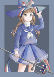 Rule 34 | 1girl, black eyes, blue background, blue shirt, blue skirt, blunt bangs, border, bow, braid, closed mouth, featherwings24, funamusea, hair bow, hand on headwear, hat, holding, light smile, long hair, long sleeves, looking at viewer, neckerchief, oounabara to wadanohara, outside border, pleated skirt, ribbon, sailor collar, shirt, skirt, solo, striped ribbon, turtleneck, twin braids, wadanohara, white shirt, witch, witch hat
