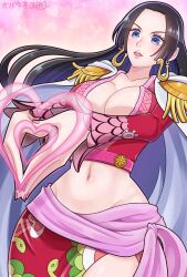 Rule 34 | 1girl, absurdres, black hair, blue eyes, boa hancock, breasts, cleavage, earrings, highres, jewelry, large breasts, long hair, midriff, navel, one piece, revealing clothes, solo