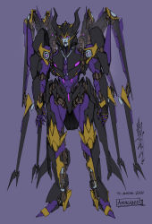 Rule 34 | 1girl, airachnid, alex milne, character sheet, commentary, decepticon, english commentary, horns, mecha, no humans, official art, open hands, purple background, purple eyes, redesign, robot, science fiction, signature, smile, solo, standing, the transformers (idw), transformers