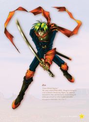 Rule 34 | 1boy, arm guards, armor, artbook, belt, bodysuit, breastplate, character name, clenched teeth, concept art, english text, green hair, headband, holding, holding sword, holding weapon, knee pads, leaning forward, looking at viewer, male focus, official art, short hair, shoulder pads, solo, sword, teeth, text focus, weapon, white background, wild arms, wild arms 1, zed (wild arms)