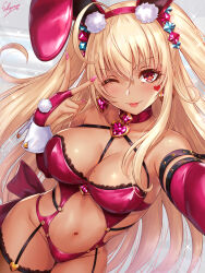 Rule 34 | 1girl, :p, animal ears, bare shoulders, blonde hair, blush, breasts, bridal gauntlets, cleavage, clothing cutout, commentary request, earrings, eyelashes, fake animal ears, garter straps, gyaru, hair ornament, hairband, hand up, heart, highres, jewelry, kogal, large breasts, leotard, long hair, looking at viewer, mole, mole on breast, nail polish, navel, o-ring, one eye closed, original, pink nails, playboy bunny, rabbit ears, red eyes, red hairband, red leotard, revealing clothes, sakiyamama, selfie, signature, smile, solo, sparkle, stomach cutout, tan, thighhighs, tongue, tongue out, v