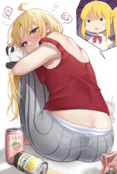Rule 34 | 2girls, absurdres, ahoge, ass, back, bare shoulders, blonde hair, blush, bocchi the rock!, bow, brown eyes, butt crack, can, chibi, ear blush, highres, ijichi nijika, ijichi seika, juice box, knees to chest, long hair, looking at viewer, multiple girls, panties, red bow, red shirt, school uniform, shirt, siblings, side ponytail, sisters, solo focus, squeans, striped clothes, striped panties, stuffed animal, stuffed panda, stuffed toy, sweat, triangle mouth, underwear, unnunal (unneonal), white shirt