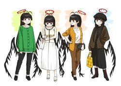 Rule 34 | 1girl, abekawa, alternate costume, antenna hair, ascot, bag, black dress, black hair, black wings, blue archive, breasts, cabbie hat, cardigan, casual, collarbone, dress, fingernails, full body, green cardigan, halo, hat, holding, holding bag, long hair, looking at viewer, looking down, looking to the side, medium breasts, melting halo, multiple views, nail polish, red eyes, red halo, shirt, skirt, smile, straight hair, text background, toenail polish, toenails, toes, tsurugi (blue archive), very long hair, wavy mouth, white shirt, white skirt, wings, wrist cuffs, yellow ascot