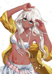 Rule 34 | 1girl, bare shoulders, bikini, bikini under clothes, breasts, closed mouth, commentary request, danganronpa (series), danganronpa v3: killing harmony, dark-skinned female, dark skin, frilled bikini, frills, grey eyes, highres, jewelry, laburnu, long hair, looking at viewer, necklace, off shoulder, shell, shell necklace, small breasts, smile, solo, swimsuit, twintails, upper body, yonaga angie