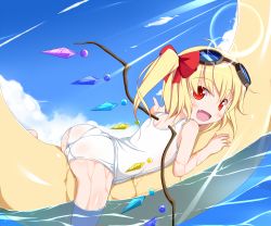 Rule 34 | 1girl, :d, ass, banana, blonde hair, blue sky, blush, cloud, day, fang, flandre scarlet, food, fruit, goggles, goggles on head, looking at viewer, nikku (ra), on banana, one-piece swimsuit, open mouth, outdoors, pointing, red eyes, revision, school swimsuit, short hair, side ponytail, sky, smile, solo, swimsuit, touhou, water, wet, white school swimsuit, white one-piece swimsuit, wings