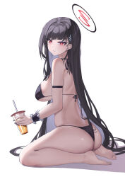 Rule 34 | 1girl, absurdres, ass, barefoot, bikini, black bikini, black hair, black nails, blue archive, blunt bangs, blush, breasts, cup, disposable cup, feet, frills, hair ornament, hairclip, halo, highres, holding, holding cup, juice, kaijiba, large breasts, legs, long hair, looking at viewer, orange juice, red eyes, rio (blue archive), sitting, soles, solo, swimsuit, thighs, toes, very long hair, wariza