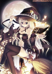 Rule 34 | book, breasts, broom, broom riding, bug, butterfly, cleavage, hat, insect, moon, night, silver hair, thighhighs, tome (nijuu-mensou no musume), witch, witch hat