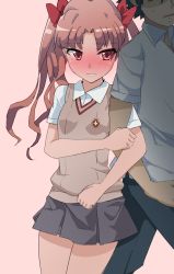 Rule 34 | 1boy, 1girl, arm grab, arm hug, black hair, blush, bow, breasts, brown sweater vest, closed mouth, dress shirt, embarrassed, furrowed brow, grey pants, grey skirt, hair bow, halhal reckless, highres, kamijou touma, light frown, locked arms, long hair, looking at another, no eyes, nose blush, pants, parted bangs, parted hair, parted lips, pink background, pleated skirt, red bow, red eyes, school uniform, shirai kuroko, shirt, short sleeves, side-by-side, simple background, skirt, small breasts, sweatdrop, sweater vest, toaru kagaku no railgun, toaru majutsu no index, tokiwadai school uniform, twintails, walking, white shirt