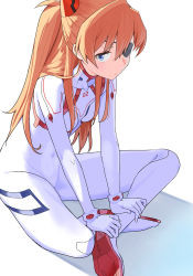 Rule 34 | 1girl, blue eyes, breasts, commentary request, evangelion: 3.0+1.0 thrice upon a time, feet, hair between eyes, hair censor, hands on feet, highres, indian style, long hair, looking at viewer, mameroku, neon genesis evangelion, orange hair, plugsuit, rebuild of evangelion, sitting, small breasts, soles, solo, souryuu asuka langley, two side up, white background