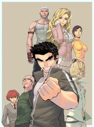 Rule 34 | 2girls, 5boys, adjusting hair, armband, belt, black hair, blonde hair, blue eyes, breasts, clenched hand, facial hair, fingerless gloves, frills, glasses, gloves, goatee, grey eyes, highres, impossible clothes, impossible shirt, kim dong-hoon, long hair, multiple boys, multiple girls, muscular, necktie, purple hair, red eyes, red hair, shirt, smile, turtleneck, veritas, white hair, zipper