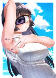Rule 34 | 1girl, absurdres, arm up, armpits, azen (mntimcczgrtn), black hair, blunt bangs, blush, cyclops, day, highres, long hair, looking at viewer, monster girl, nail polish, one-eyed, original, parted lips, presenting armpit, purple eyes, sky, sleeveless, sleeveless turtleneck, solo, spread armpit, sweat, sweater, turtleneck, v