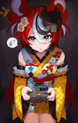 Rule 34 | 1girl, absurdres, animal ears, blue eyes, chicken piccata, detached sleeves, double bun, film grain, flower, hair bun, hair flower, hair ornament, hairpin, hakos baelz, hakos baelz (new year), highres, hololive, hololive english, japanese clothes, kimono, mask, mask on head, mouse ears, playing games, red hair, virtual youtuber, xbox controller