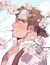 Rule 34 | 1boy, bara, brown hair, cherry blossoms, cigarette, closed eyes, facial hair, from side, highres, kimi6666, light blush, male focus, mature male, mononobe kyoma, multicolored hair, muscular, muscular male, necktie, ponytail, portrait, profile, shirt, sideburns stubble, smoking, solo, sparse chest hair, streaked hair, stubble, thick eyebrows, tokyo houkago summoners, unbuttoned, unbuttoned shirt, undone necktie, white hair, white shirt