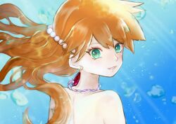 Rule 34 | 1girl, bikini, blush, bubble, creatures (company), demekin2333, earrings, game freak, gen 1 pokemon, green eyes, hair ornament, highres, jewelry, long hair, looking at viewer, mermaid, mermaid costume, mermaid misty (pokemon), misty (pokemon), monster girl, necklace, nintendo, orange hair, pokemon, pokemon (anime), pokemon (classic anime), seashell, shell, shell bikini, swimsuit, underwater, water