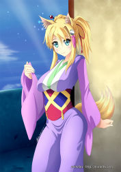 Rule 34 | 10s, 1girl, alternate costume, animal ears, blonde hair, blue eyes, blush, breasts, dated, dog days, female focus, fox ears, fox tail, hair ornament, hair ribbon, highres, japanese clothes, large breasts, long hair, looking at viewer, mimelex, night, night sky, ponytail, ribbon, signature, sky, smile, solo, star (sky), star (symbol), tail, yukikaze panettone