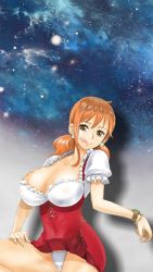 Rule 34 | 1girl, breasts, cleavage, highres, huge breasts, large breasts, licking lips, nami (one piece), nami (one piece) (whole cake island), nipples, one piece, orange hair, overalls, puffy nipples, solo, tattoo, tongue, tongue out