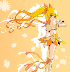 Rule 34 | 10s, 1girl, blonde hair, boots, bow, cure sunshine, from behind, hair ribbon, heartcatch precure!, knee boots, kneepits, long hair, looking back, magical girl, midriff, myoudouin itsuki, orange background, orange bow, orange eyes, orange skirt, orange theme, precure, ribbon, shadow, skirt, solo, sw (taco), twintails, wrist cuffs