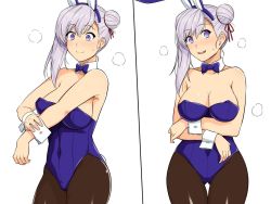 Rule 34 | 1girl, animal ears, black pantyhose, blue leotard, breasts, cleavage, collarbone, covered navel, detached collar, fake animal ears, fate/grand order, fate (series), haruhisky, large breasts, leotard, looking at viewer, miyamoto musashi (fate), multiple views, pantyhose, playboy bunny, purple eyes, purple hair, rabbit ears, standing, strapless, strapless leotard, thigh gap, wrist cuffs