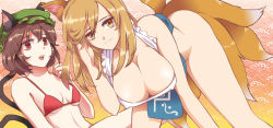 2girls adapted_costume all_fours alternate_costume alternate_hair_length alternate_hairstyle animal_ears arm_support bare_shoulders bikini blonde_hair breasts brown_hair cat_ears cat_tail chen cleavage ef_(ppps33) covered_erect_nipples fox_ears fox_tail ruffling_hair hat highres large_breasts leaning_forward looking_at_viewer mob_cap multiple_girls multiple_tails naked_tabard nekomata open_mouth red_bikini red_eyes short_hair small_breasts smile swimsuit tabard tail tareme touhou yakumo_ran yellow_eyes