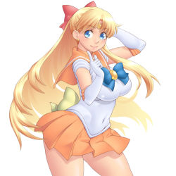 Rule 34 | 1girl, aino minako, arm behind head, bishoujo senshi sailor moon, blonde hair, blue eyes, bow, breasts, circlet, contrapposto, covered navel, cowboy shot, curvy, earrings, elbow gloves, gloves, hair bow, highres, huge breasts, impossible clothes, impossible shirt, jewelry, large breasts, long hair, looking at viewer, magical girl, masato (mk), miniskirt, orange skirt, pleated skirt, red bow, sailor collar, sailor venus, shirt, short sleeves, simple background, skirt, smile, solo, standing, thighs, very long hair, white background, white gloves, wide hips