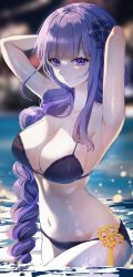 Rule 34 | 1girl, arms up, bad id, bad twitter id, bare arms, bikini, blunt bangs, blurry, blurry background, braid, breasts, cleavage, collarbone, cowboy shot, flower, genshin impact, hair flower, hair ornament, highres, large breasts, long hair, navel, partially submerged, purple eyes, raiden shogun, sidelocks, single braid, solo, stomach, swimsuit, ueng, wading, water