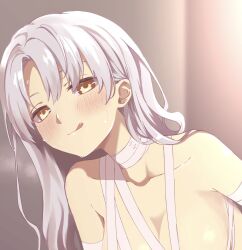 Rule 34 | 1girl, :q, bandaged neck, bandages, blush, caren hortensia, chiizu ore, collarbone, commission, fate/hollow ataraxia, fate (series), highres, long hair, looking at viewer, skeb commission, solo, sweat, tongue, tongue out, white hair, yellow eyes