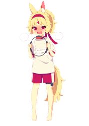 Rule 34 | 1girl, @ @, aldin nicola, animal ear fluff, animal ears, barefoot, blonde hair, blouse, blush, facial mark, forehead mark, full body, gym shirt, gym shorts, gym uniform, hairband, hands up, heavy breathing, highres, holding, looking at viewer, mamyouda, nose blush, open mouth, ponytail, red eyes, red hairband, red shorts, ring-con, ring fit adventure, seventh happiness, shirt, short eyebrows, short sleeves, shorts, simple background, solo, standing, sweat, tail, thick eyebrows, translation request, transparent background, trembling, virtual youtuber, wavy mouth, white background, white shirt