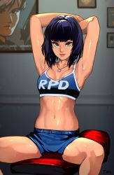 Rule 34 | 1girl, abs, armpits, arms behind head, arms up, artist name, blue eyes, blue shorts, blue sports bra, bob cut, breasts, capcom, character request, closed mouth, collarbone, copyright request, cosplay, indoors, jewelry, leon s. kennedy, lips, looking at viewer, medium breasts, navel, necklace, optionaltypo, picture frame, purple hair, real life, rebecca chambers, rebecca chambers (cosplay), resident evil, shiny skin, short hair, shorts, sitting, solo, sports bra, spread legs, star (symbol), star necklace, stomach, sue lightning, suzi (the sphere hunter), sweat, thighs, toned, youtube