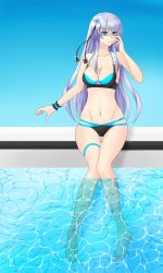 Rule 34 | 1girl, absurdres, bikini, blue eyes, blue hair, breasts, cleavage, flower, glasses, hair flower, hair ornament, highres, kiseijou rei, long hair, looking to the side, medium breasts, multi-strapped bikini bottom, multi-strapped bikini top, navel, neptune (series), o-ring, o-ring top, pool, sitting, skindentation, solo, swimsuit, thigh gap