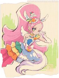 Rule 34 | 1girl, commentary, commentary request, cure parfait, dress, food, food-themed hair ornament, hair ornament, kamikita futago, kirahoshi ciel, kirakira precure a la mode, long hair, multicolored clothes, one eye closed, pink hair, precure, solo, tail, v, white tail, wings