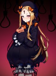 Rule 34 | 1girl, abigail williams (fate), absurdres, black bow, black dress, black hat, blonde hair, bloomers, blue eyes, bow, dress, facial mark, fate/grand order, fate (series), forehead mark, hair bow, hands in opposite sleeves, hat, heterochromia, highres, holding, holding stuffed toy, iiiroha, keyhole, long hair, long sleeves, looking at viewer, noose, orange bow, purple eyes, smile, solo, striped clothes, striped dress, stuffed animal, stuffed toy, teddy bear, underwear, vertical-striped clothes, vertical-striped dress, very long hair