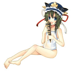 Rule 34 | 1girl, bad id, bad pixiv id, female focus, green hair, hat, one-piece swimsuit, ribbon, rod of remorse, school swimsuit, shiki eiki, short hair, solo, swimsuit, touhou, umi (umi02), white school swimsuit, white one-piece swimsuit