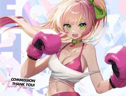 Rule 34 | 1girl, blush, boxing gloves, bra, breasts, commission, ear piercing, edajima denki, english text, fang, green eyes, green hair, large breasts, multicolored hair, navel, open mouth, original, piercing, pink bra, pink hair, skeb commission, smile, sweat, thank you, two-tone hair, underwear