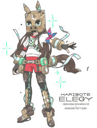 Rule 34 | 1girl, bandana, black gloves, brown hair, chemical structure, diffraction spikes, duct tape, fake tail, fingerless gloves, gloves, gym shirt, haribote elegy, highres, horse mask, horse tail, jaggy lines, japan world cup, kopperion, long hair, mask, personifcation, red shorts, shin guards, shirt, shorts, simple background, solo, tail, umamusume, white background, white shirt