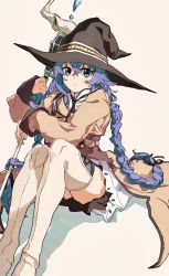 Rule 34 | absurdres, black dress, black hat, bloom into me15, blue eyes, blue hair, boots, braid, brown cape, cape, crossed bangs, dress, hair between eyes, hat, highres, holding, holding staff, long braid, long hair, long sleeves, mushoku tensei, roxy migurdia, sitting, staff, thigh boots, twin braids, white background, witch hat