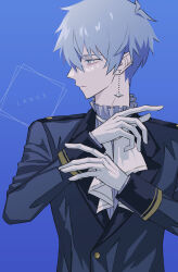 Rule 34 | 1boy, ascot, blue background, blue eyes, character name, earrings, gloves, grey hair, hair between eyes, highres, iai 13, jewelry, lance crown, male focus, mashle, solo, uniform, upper body, white ascot, white gloves