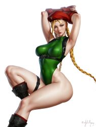 Rule 34 | 1girl, absurdres, ahoge, armpits, arms behind head, arms up, artist name, aylisnyan, beret, blonde hair, blue eyes, boots, braid, breasts, cammy white, commentary, covered navel, facial scar, fingerless gloves, gloves, green leotard, hat, highleg, highleg leotard, highres, knee boots, leotard, lips, looking at viewer, medium breasts, parted lips, scar, scar on cheek, scar on face, signature, simple background, skin tight, sleeveless, street fighter, street fighter v, thigh strap, thighs, turtleneck, twin braids, twintails, white background