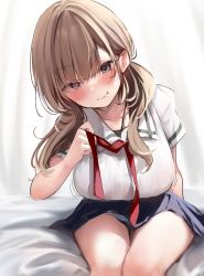 Rule 34 | 1girl, bad id, bad pixiv id, blue eyes, blue skirt, blush, breasts, brown hair, commentary request, highres, large breasts, long hair, looking at viewer, md5 mismatch, neck ribbon, nekomugiharu, original, red neckwear, resolution mismatch, school uniform, shirt, short sleeves, sitting, skirt, smile, solo, source larger, thighs, undone neck ribbon, white shirt