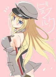 Rule 34 | ^^^, 10s, 1girl, bare shoulders, bismarck (kancolle), blonde hair, blue eyes, blush, hat, ikura nagisa, kantai collection, long hair, looking back, military hat, personification, solo, translation request
