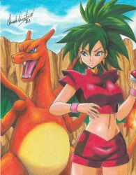 Rule 34 | 1girl, 2021, artist name, blue eyes, charizard, cliff, closed mouth, creatures (company), crop top, earrings, fangs, fire, game freak, gen 1 pokemon, green hair, high ponytail, highres, holding, holding poke ball, jewelry, liza (pokemon ep134), looking to the side, midriff, navel, nintendo, open mouth, outdoors, pink wristband, poke ball, pokemon, pokemon (anime), pokemon (classic anime), pokemon (creature), ravernclouk design, red shorts, red top, shorts, sky, spiked hair, tongue, traditional media, triangle earrings, turtleneck, v-shaped eyebrows, wings