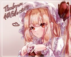 Rule 34 | 1girl, :/, blonde hair, blush, closed mouth, english text, eyes visible through hair, flandre scarlet, frilled shirt collar, frilled sleeves, frills, gradient background, hair between eyes, hat, heart, heart hands, juliet sleeves, long sleeves, looking at viewer, medium hair, milestone celebration, mob cap, nail polish, one side up, puffy sleeves, red eyes, red nails, simple background, solo, touhou, upper body, wata chaka, white hat