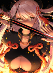 Rule 34 | black choker, breasts, choker, clothing cutout, covered mouth, fate/grand order, fate (series), flower knot, hair ornament, hands up, highres, holding, holding sword, holding weapon, kohanayuki, large breasts, long hair, looking at viewer, okita souji (fate), okita souji alter (fate), signature, sword, tassel, weapon, white hair, yellow eyes