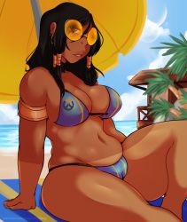 Rule 34 | 1girl, arm support, armlet, bad anatomy, bare shoulders, beach, belly, bikini, black hair, blue sky, breasts, cameltoe, chikkibug, cleavage, dark-skinned female, dark skin, day, earrings, fat, glasses, hair tubes, highres, jewelry, large breasts, lips, long hair, medium breasts, navel, ocean, outdoors, overwatch, overwatch 1, palm tree, parasol, parted lips, pharah (overwatch), plump, shade, sitting, sky, solo, stuffed toy, sunglasses, swimsuit, thick thighs, thighs, tree, umbrella, watermark, web address