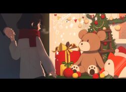 Rule 34 | 1boy, 1girl, absurdres, black eyes, black hair, bow, box, breath, bunting, child, christmas, christmas ornaments, christmas tree, father and daughter, gift, gift box, grey jacket, hat, highres, holding hands, jacket, large teddy bear, letterboxed, nuwara eliya, original, red bow, red scarf, santa hat, scarf, solo focus, star (symbol), storefront, stuffed animal, stuffed fox, stuffed toy, teddy bear, window
