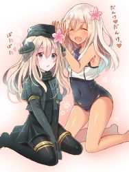 Rule 34 | 2girls, arms up, blue eyes, blush, closed eyes, commentary request, dual persona, flower, hair between eyes, hair flower, hair ornament, happy, headgear, kantai collection, legs, long hair, military, military uniform, multiple girls, navel, one-piece swimsuit, open mouth, ro-500 (kancolle), school uniform, seiza, serafuku, serino itsuki, sitting, smile, swimsuit, swimsuit under clothes, tan, thighs, translation request, u-511 (kancolle), uniform, white hair