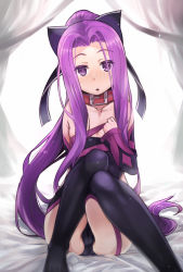 Rule 34 | 1girl, akinaie, black leotard, black thighhighs, blush, cameltoe, collar, collarbone, detached sleeves, fate/grand order, fate (series), garter straps, hair intakes, hip vent, knees together feet apart, leotard, long hair, medusa (fate), medusa (lancer) (fate), medusa (rider) (fate), ponytail, purple eyes, purple hair, ribbon, rider, sitting, solo, square pupils, strapless, strapless leotard, thighhighs, very long hair