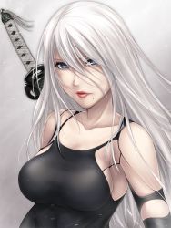 Rule 34 | 1girl, a2 (nier:automata), android, bare shoulders, black tank top, blue eyes, blush, breasts, highres, kobapyon, long hair, looking at viewer, medium breasts, mole, mole under mouth, nier:automata, nier (series), silver hair, simple background, solo, tank top, torn clothes, upper body, very long hair, weapon, weapon on back