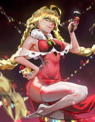 Rule 34 | 1girl, absurdres, ahoge, alternate costume, alternate hairstyle, armpit crease, bell, blonde hair, blurry, braid, breasts, character doll, christmas, christmas lights, clip studio paint (medium), closed mouth, commentary, covered navel, cowboy shot, depth of field, doll, dress, fate/extra, fate/grand order, fate (series), fur-trimmed dress, fur-trimmed headwear, fur trim, green eyes, hair intakes, hand on own hip, hand up, hat, highres, holding, holding doll, holding microphone, leg up, long hair, looking at viewer, medium breasts, microphone, nero claudius (fate), nero claudius (fate) (all), no shoes, off shoulder, panties, pantyshot, pom pom (clothes), red dress, red hat, red panties, red ribbon, ribbon, santa dress, santa hat, sashimi950418, side slit, sleeveless, sleeveless dress, smile, solo, standing, standing on one leg, striped clothes, striped panties, thighhighs, thighs, tight clothes, twin braids, underwear, very long hair, white thighhighs