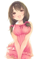 Rule 34 | 1girl, :d, bare arms, bare shoulders, blush, breasts, brown eyes, brown hair, collarbone, cowboy shot, frills, hair ornament, hair scrunchie, long hair, looking at viewer, low twintails, medium breasts, open mouth, original, pajamas, pokachu, polka dot, polka dot pajamas, purple ribbon, ribbon, scrunchie, simple background, sleeveless, smile, solo, twintails, v arms, white background